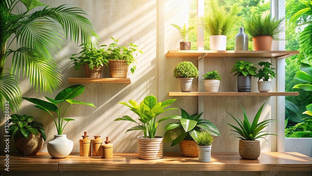 Natural Cosmetic Background: Wooden Shelf with Lush Greenery & Botanicals for Product Presentation Natural Cosmetic Background: Wooden Shelf with Lush Greenery & Botanicals for Product Presentation