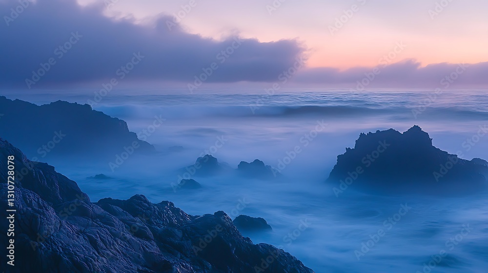Serene Ocean View at Dusk with Misty Waves and Rugged Rocky Shoreline Serene Ocean View at Dusk with Misty Waves and Rugged Rocky Shoreline
