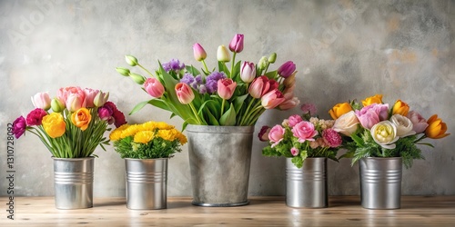 Wallpaper Mural A delightful arrangement of vibrant spring blossoms in assorted metallic containers on a rustic wooden surface Torontodigital.ca