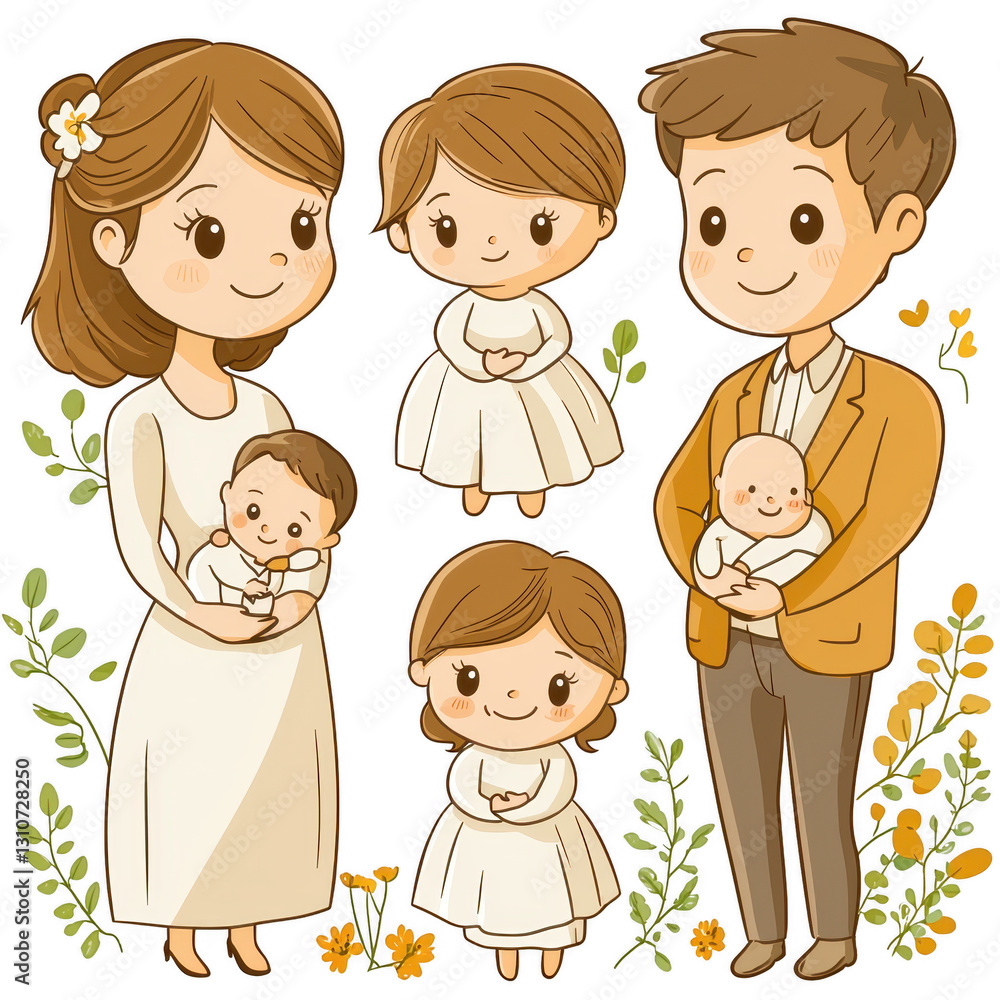 cute cartoon family portrait featuring parents and three children, all dressed in white, surrounded by floral elements. illustration conveys warmth and happiness cute cartoon family portrait featuring parents and three children, all dressed in white, surrounded by floral elements. illustration conveys warmth and happiness