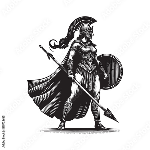 Monochrome Woodcut Illustration: Fierce Amazon Warrior with Spea