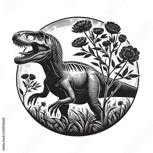 Allosaurus, A formidable dinosaur in a vintage woodcut style wit