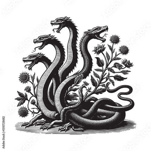 Ancient Hydra Illustration with Floral Accents in Black and Whit