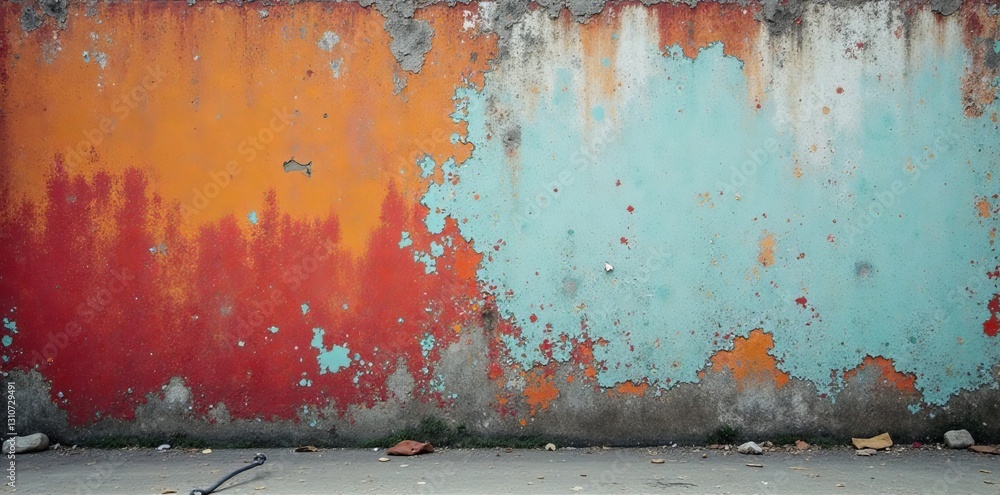 Fototapeta premium Weathered peeling paint on dilapidated concrete wall, distressed, worn