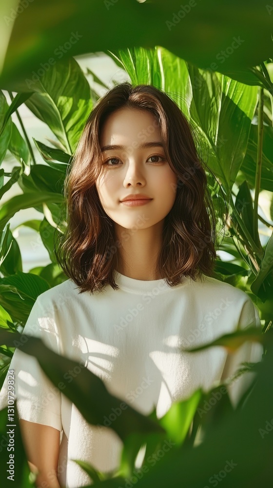 Woman in oversized white t-shirt standing amid lush greenery lifestyle photography indoor natural setting Woman in oversized white t-shirt standing amid lush greenery lifestyle photography indoor natural setting