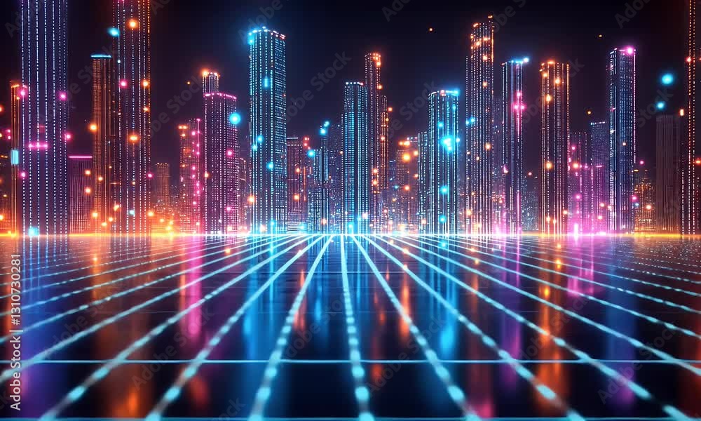 Futuristic city at night with glowing lines. Possible use Stock photo for technology, sci-fi, or urban design concepts Futuristic city at night with glowing lines. Possible use Stock photo for technology, sci-fi, or urban design concepts