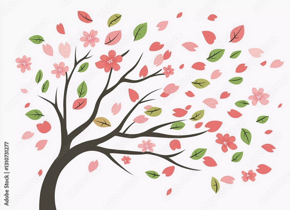 Cherry blossom tree branch with falling petals on a white background, vector illustration. Flat design, simple style, with cute elements, simple lines, and simple shapes. Featuring pink and green ton
Cherry blossom tree branch with falling petals on a white background, vector illustration. Flat design, simple style, with cute elements, simple lines, and simple shapes. Featuring pink and green ton