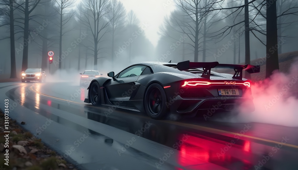 Fototapeta premium Sleek Sports Car on a Wet Mountain Road with Neon Reflections