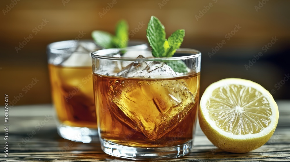Refreshing iced tea drink with lemon and mint cozy bar setting beverage photography natural light close-up shot Refreshing iced tea drink with lemon and mint cozy bar setting beverage photography natural light close-up shot