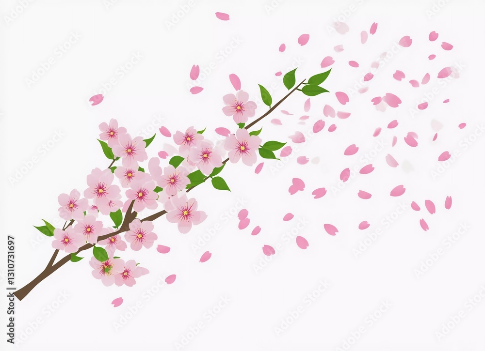 Cherry blossom tree branch with falling petals on a white background, vector illustration. Flat design, simple style, with cute elements, simple lines, and simple shapes. Featuring pink and green ton
Cherry blossom tree branch with falling petals on a white background, vector illustration. Flat design, simple style, with cute elements, simple lines, and simple shapes. Featuring pink and green ton