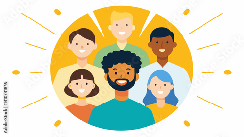 Smiling Circle A group of diverse individuals sitting in a circle each with varying expressions. The first person has a wide smile with yellow rays illustrating joy spreading to