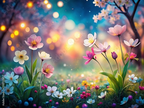 Night Bloom: Delicate Spring Garden Clip Art Gradient Backdrop with Blooming Flowers