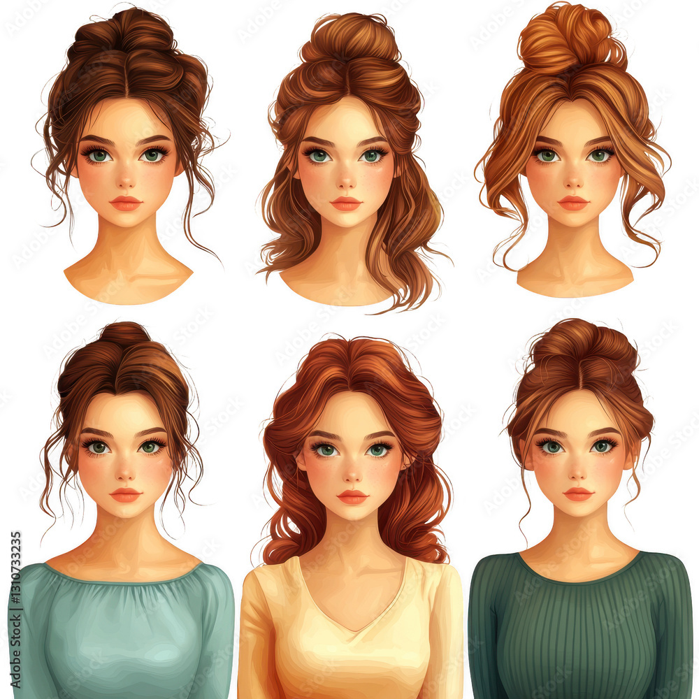 Six illustrated women with various hairstyles and expressions, each wearing different tops Six illustrated women with various hairstyles and expressions, each wearing different tops