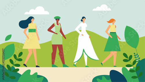 Sustainable Fashion Show A runway scene where models walk in outfits made of recyclable materials and ecofriendly fabrics with a backdrop featuring greenery.