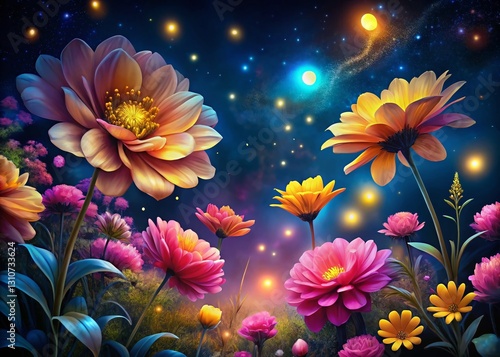 Night Bloom: Pink & Yellow Flower Line Art Background - Digital Painting