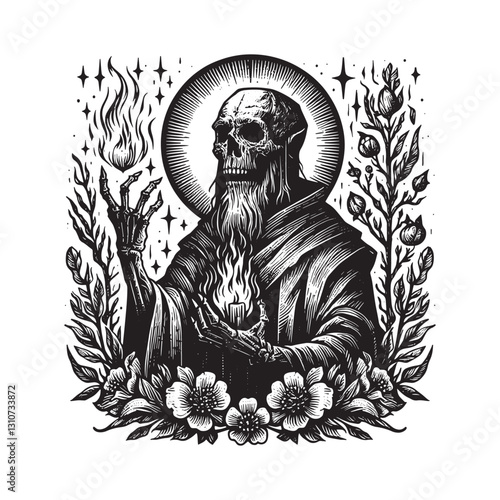 Ancient Necromancer Engraving with Floral Embellishments and Eth