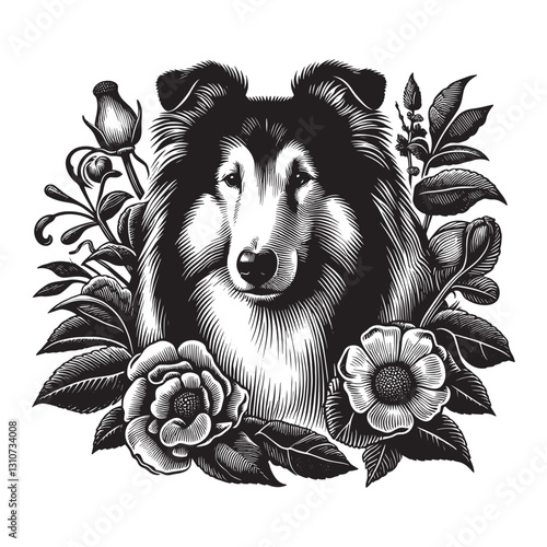 Artistic monochrome dog portrait with floral elements in woodcut