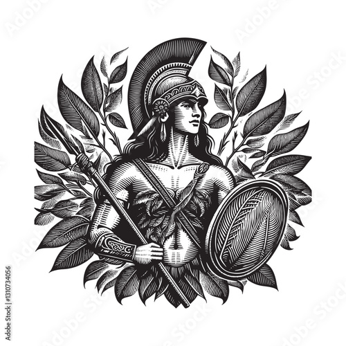 Ancient Amazon Warrior in Intricate Woodcut Style amidst Botanic