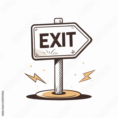 Exit sign pointing right with lightning symbols in the background