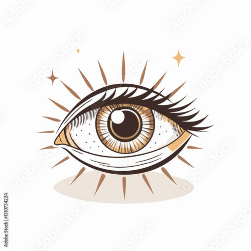 Stylized eye with radiant beams against a light background