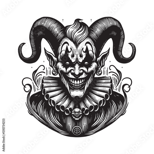 Black and white drawing of a horned clown with a malevolent grin