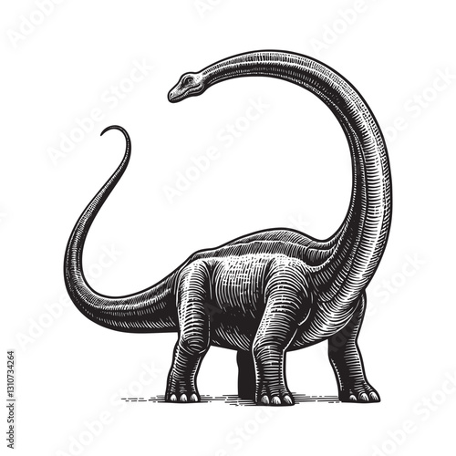 Majestic Brachiosaurus: Detailed woodcut illustration of a tower
