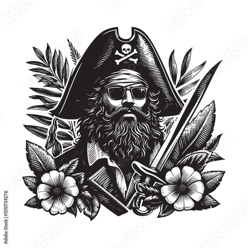 Bold pirate captain with sunglasses in a vintage woodcut engravi