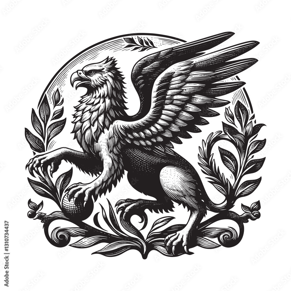 Fototapeta premium Classic woodcut illustration of a griffin with botanical element