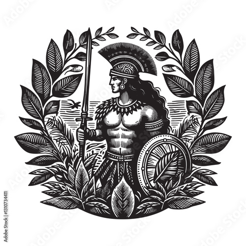 Ancient Amazon warrior illustration in traditional woodcut style