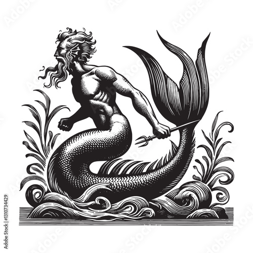 Classical Triton Woodcut Illustration, Aquatic Mythical Creature