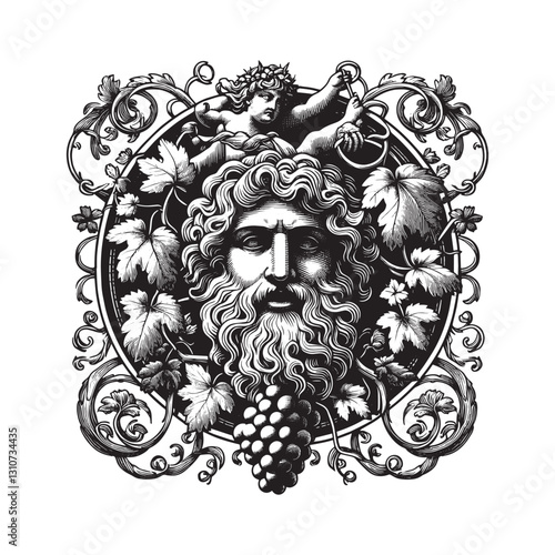 Classical depiction of a deity amidst grapevines, showcasing an