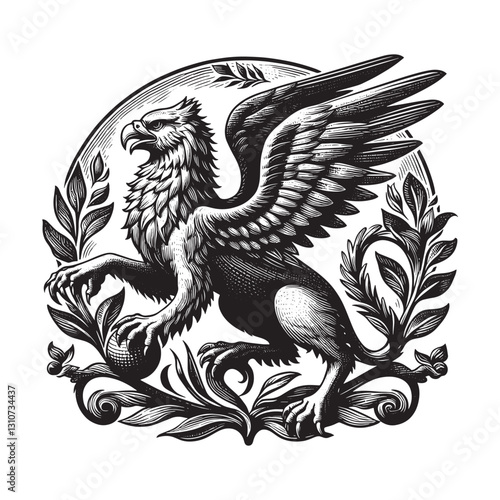 Classic woodcut illustration of a griffin with botanical element