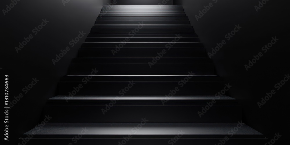 Fototapeta premium Dark stairs ascending, light above, empty background, mystery concept