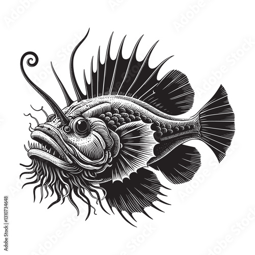 Deep Sea Anglerfish Illustration, Traditional Woodcut Style Blac