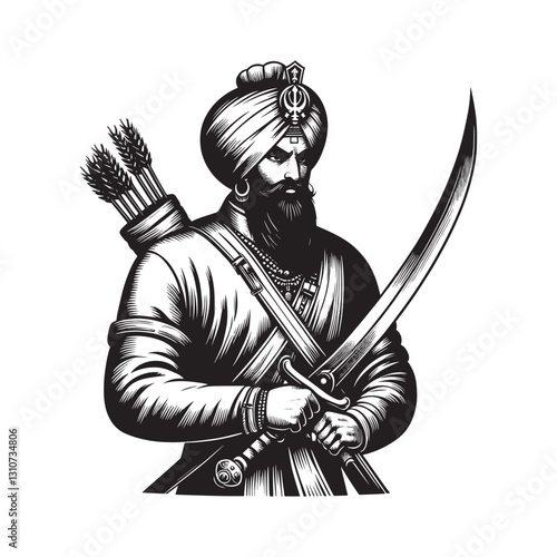 Detailed monochrome illustration depicting a Sikh warrior with t
