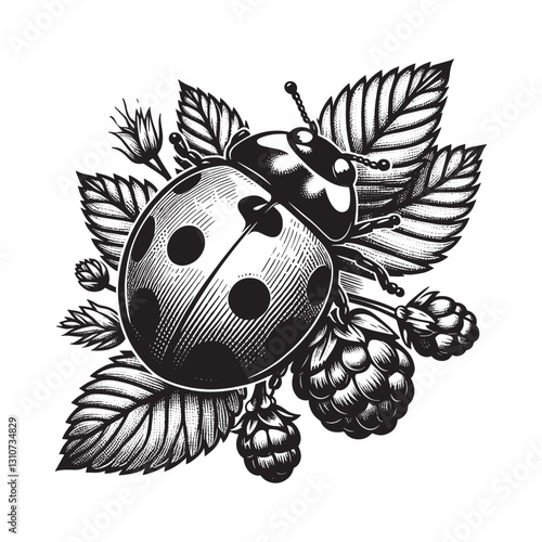 Detailed monochrome ladybug illustration surrounded by foliage a