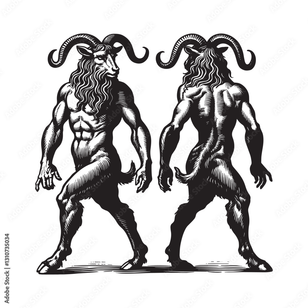Fototapeta premium Detailed Woodcut Illustration Featuring Two Posing Satyrs on Iso