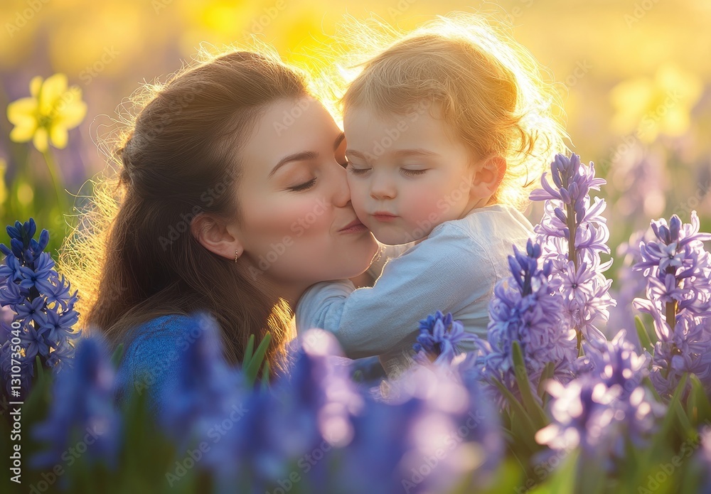 a happy mother and child in a hyacinth flower field, holding hands and kissing on the forehead. a happy mother and child in a hyacinth flower field, holding hands and kissing on the forehead.