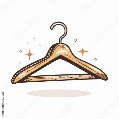 Wooden hanger with sparkles on a clean background, the concept of dressing room organization, wardrobe change, storage of things
