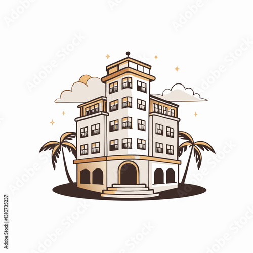 Stylish building with palm trees and clouds in a tropical setting, the concept of staying in a luxury hotel