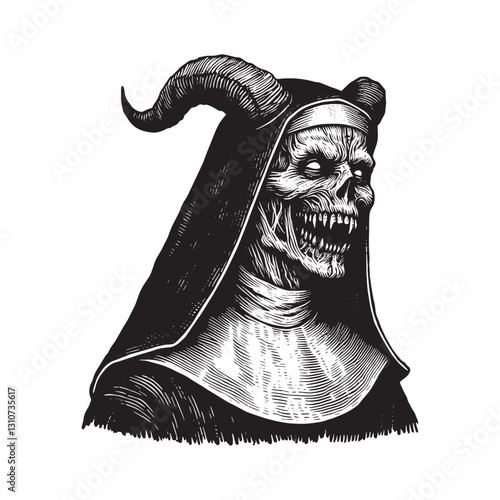 Eerie woodcut illustration of a demonic nun figure with pale ski
