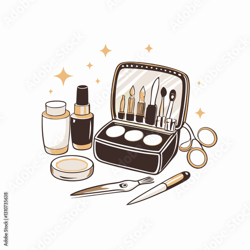 Makeup tools and accessories in cosmetic case,self-care concept, evening makeup, professional makeup artist services, acting makeup