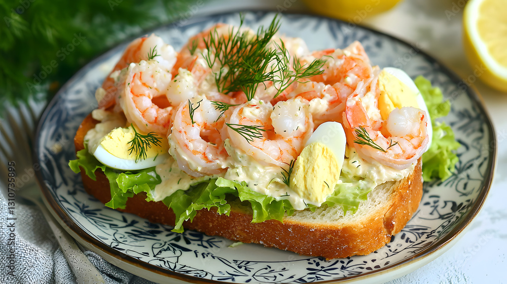 Delicious Shrimp Salad Topped on Buttered White Bread with Fresh Herbs and Lemon Garnish Delicious Shrimp Salad Topped on Buttered White Bread with Fresh Herbs and Lemon Garnish