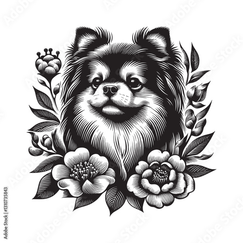 Elaborate etched portrait of a happy long haired chihuahua surro