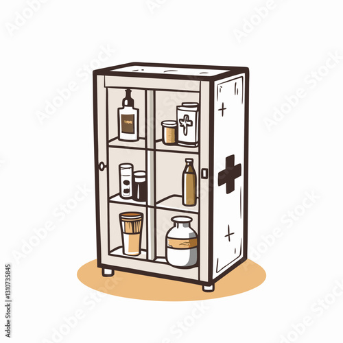 Medicine cabinet with assorted bottles and jars, The concept of first aid