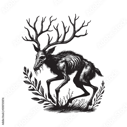 Eerie wendigo illustration, emaciated creature with antlers in w