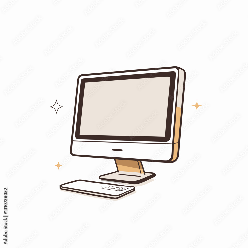 Illustration of a computer with keyboard on a minimalistic background, personal workplace concept, remote work