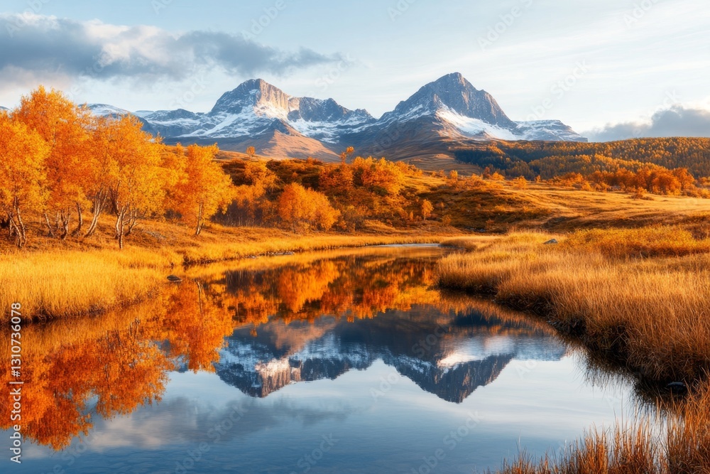 Fototapeta premium A scenic mountain landscape in autumn, with golden leaves blanketing the hills and a clear river running through