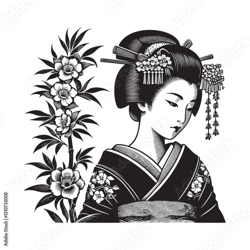 Elegant geisha illustration in traditional woodcut style with fl
