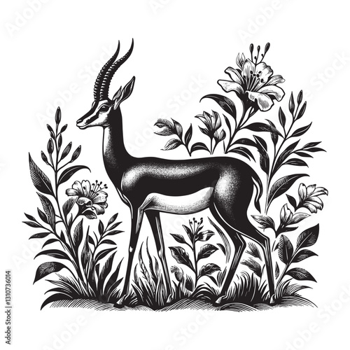 Elegant gazelle illustration with floral accents in monochrome v